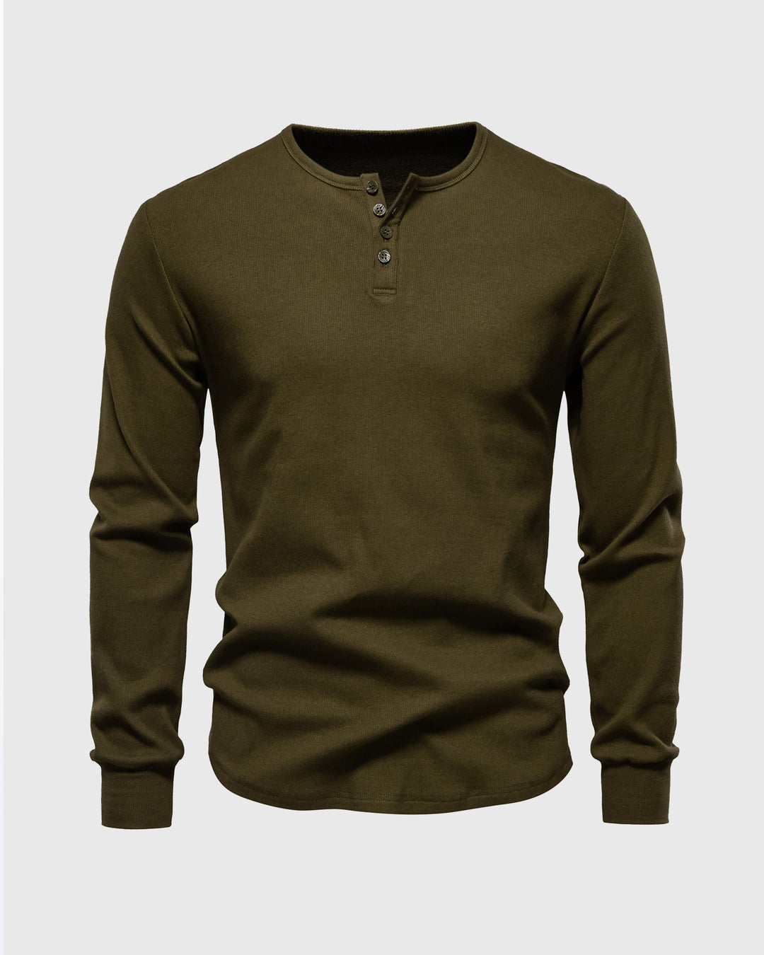 Detailed shot of the ribbed fabric on a Men's Siena Henley long sleeve shirt.
