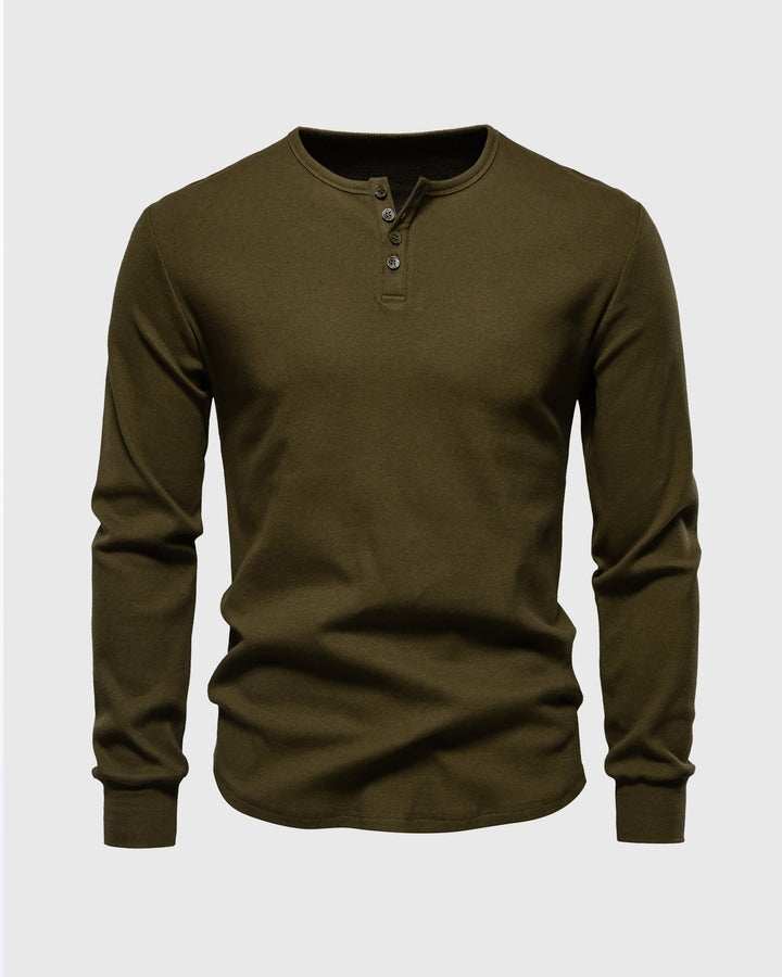 Detailed shot of the ribbed fabric on a Men's Siena Henley long sleeve shirt.