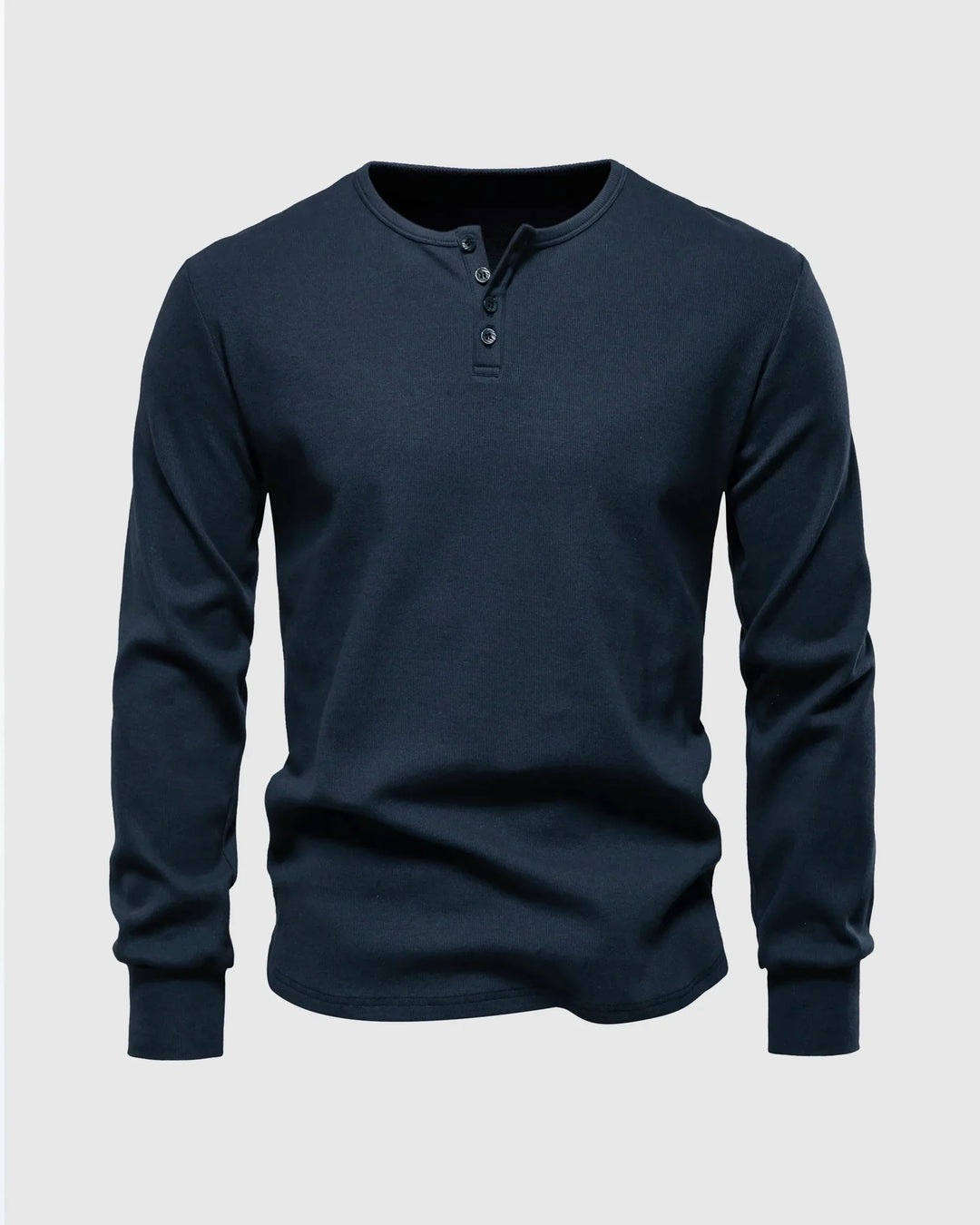 Model in a blue Men's Siena Ribbed Henley, perfect for everyday wear.