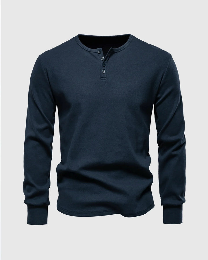 Model in a blue Men's Siena Ribbed Henley, perfect for everyday wear.