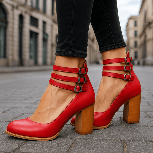 Close-up of women's strappy block heels, perfect for elegant party steps.