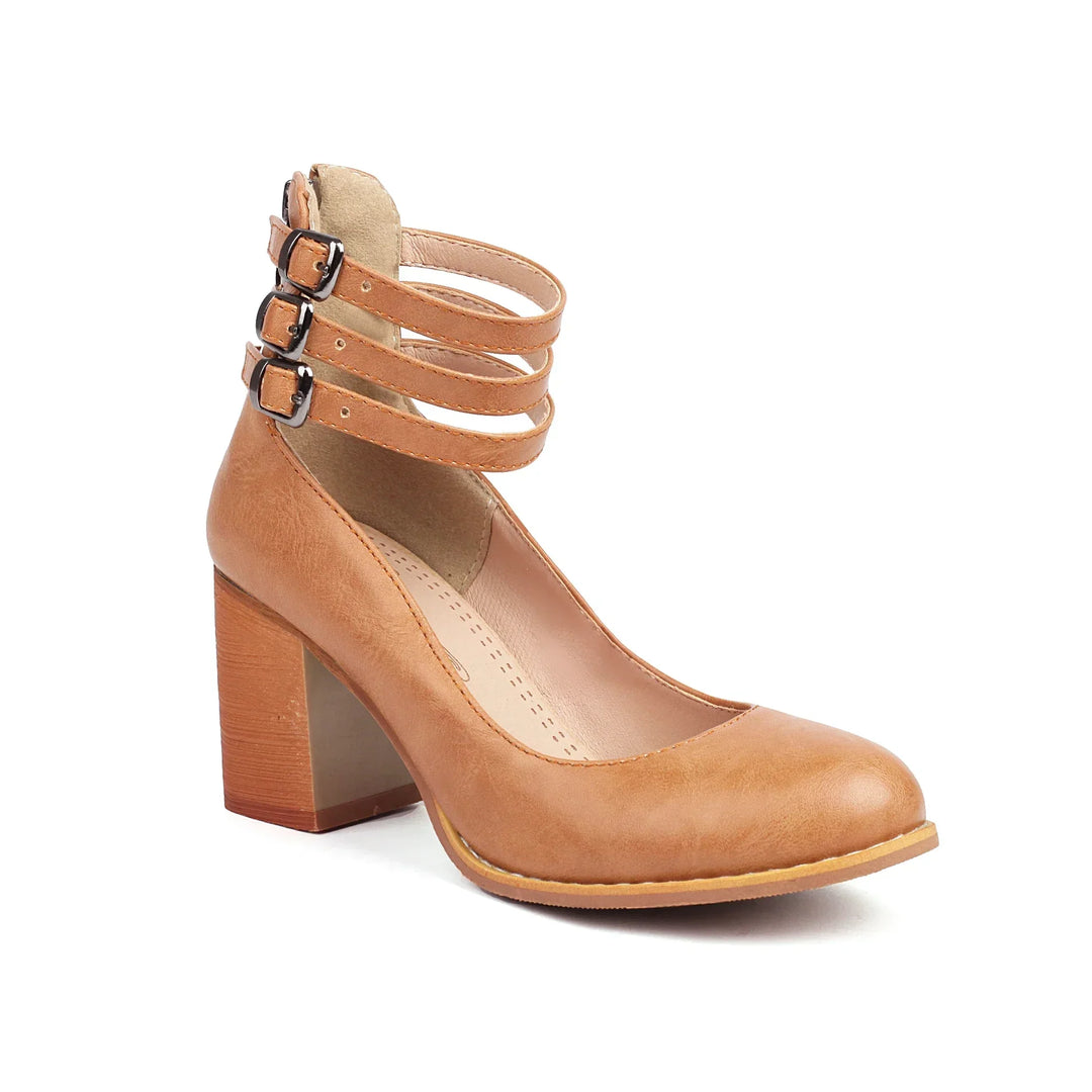 Front view of women's stylish strappy block heels, ready for any elegant outfit.