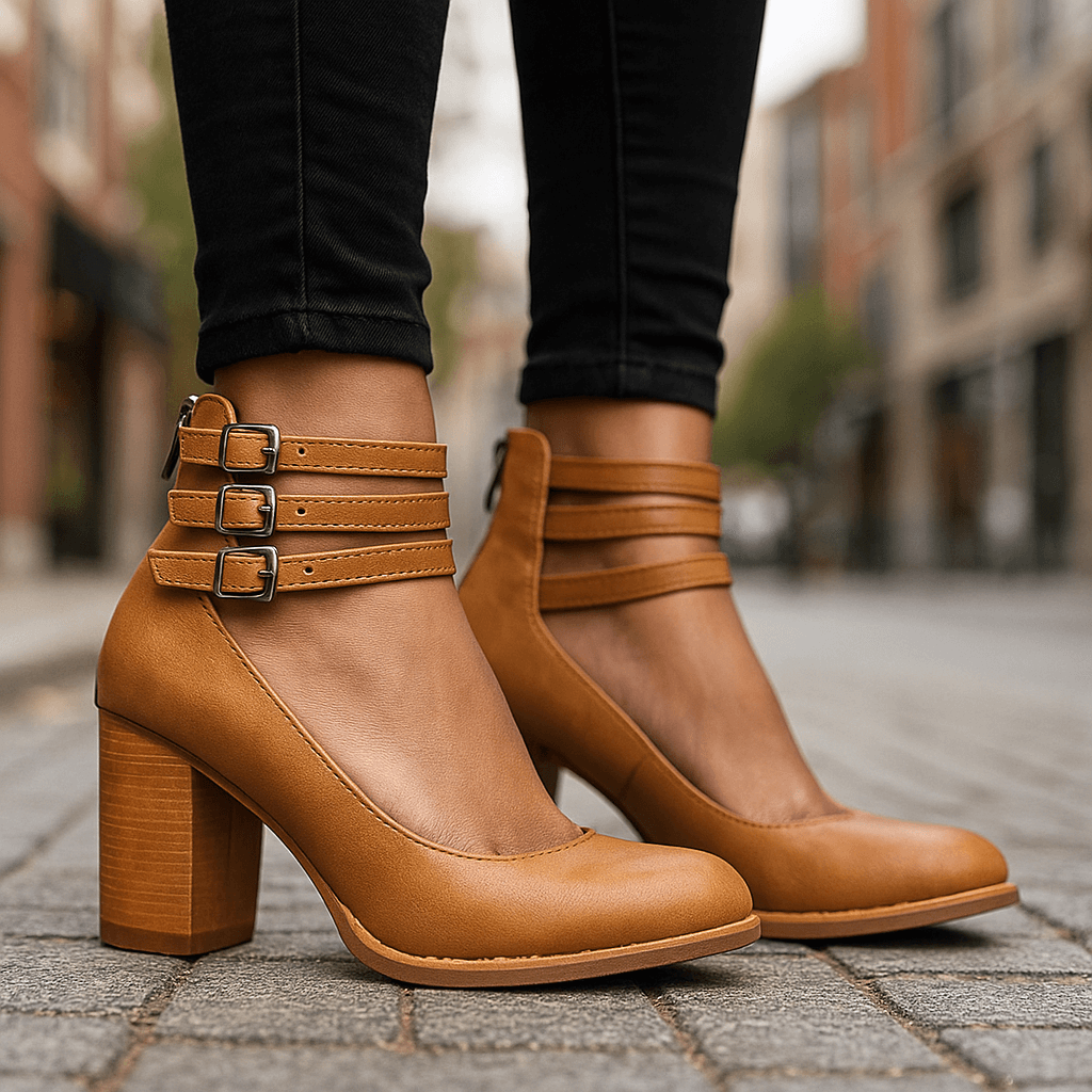 Stylish women's black block heels with delicate ankle strap for versatile fashion.