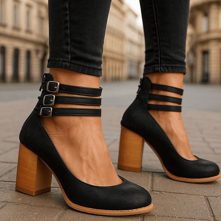 Fashionable women's heels with sturdy block heel and chic ankle straps.