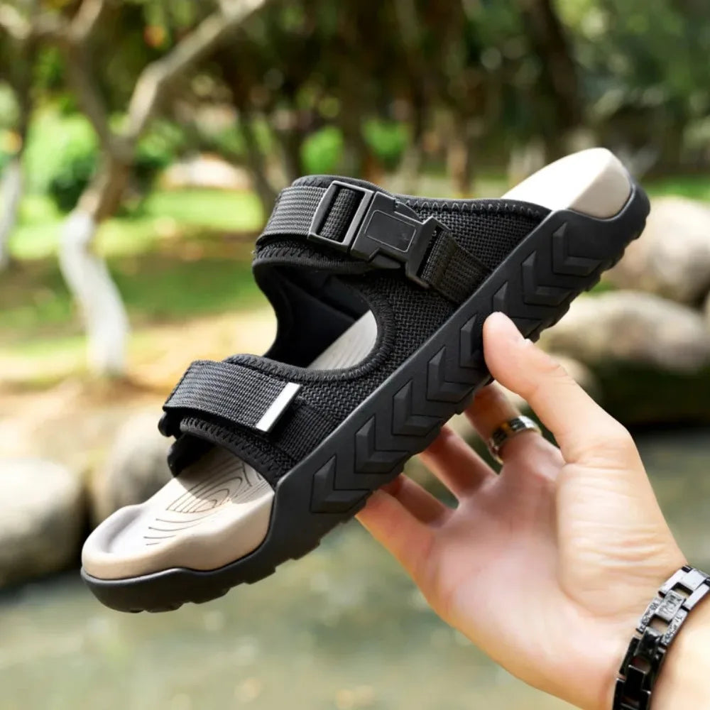 Close-up of adjustable straps on TerraGlide men's outdoor walking sandals for a secure fit.