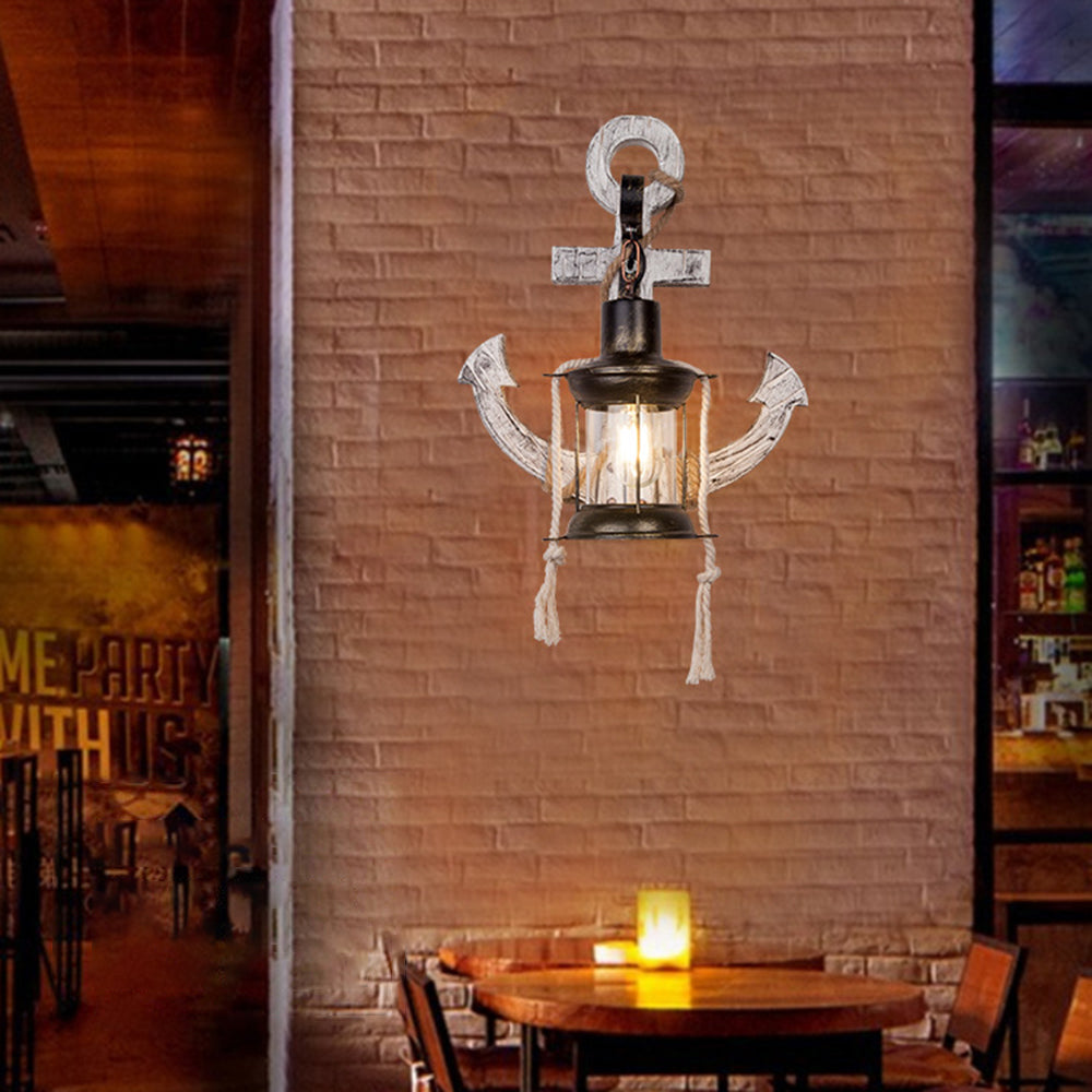 Rustic coastal anchor wall sconce. Nautical wall lighting for a maritime-themed room. NautiGlow design.