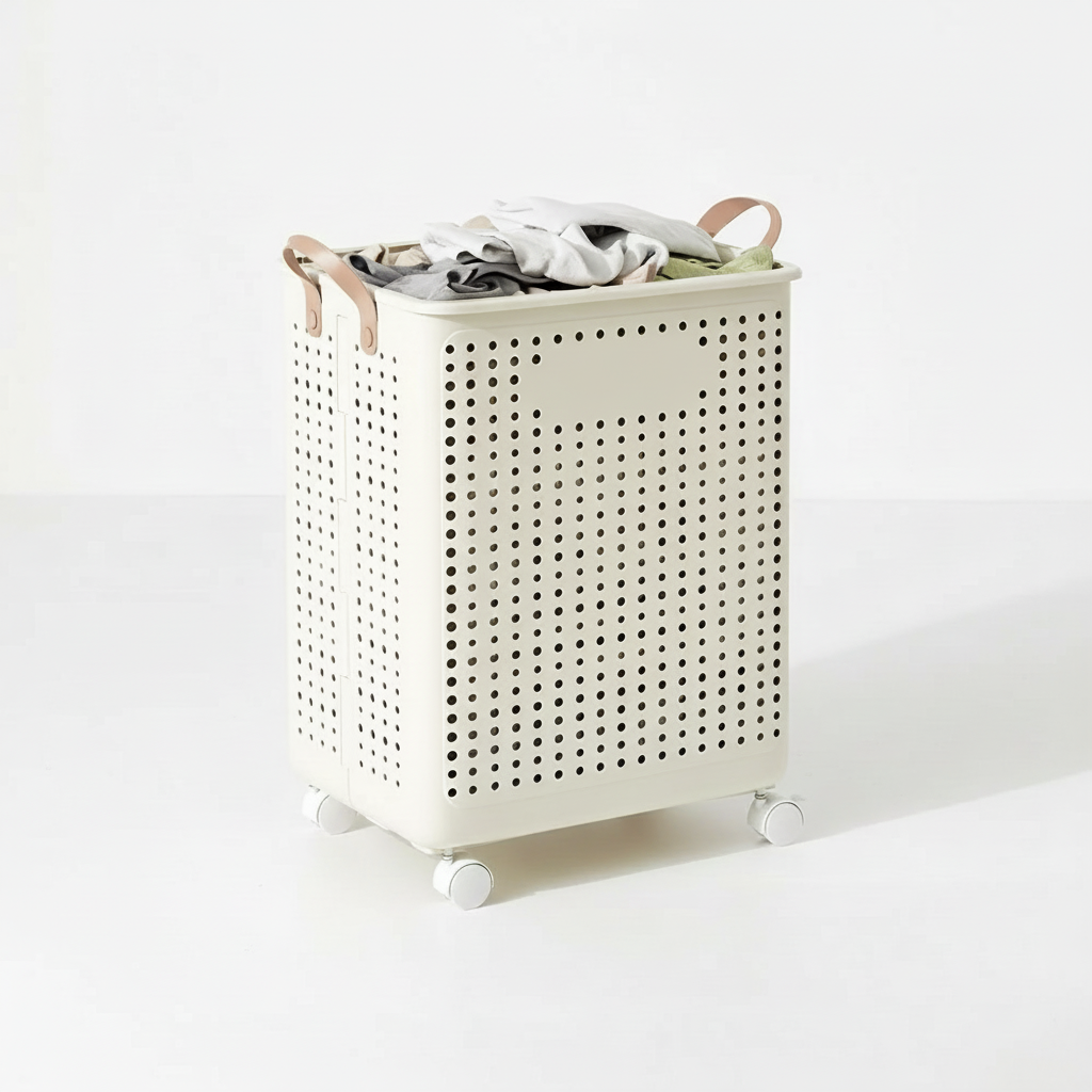 Cream collapsible wheeled laundry basket, perfect for easy transport and storage in dorms or bathrooms.