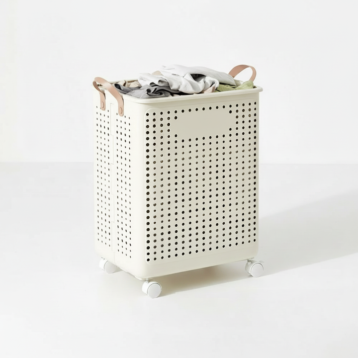 Cream collapsible wheeled laundry basket, perfect for easy transport and storage in dorms or bathrooms.