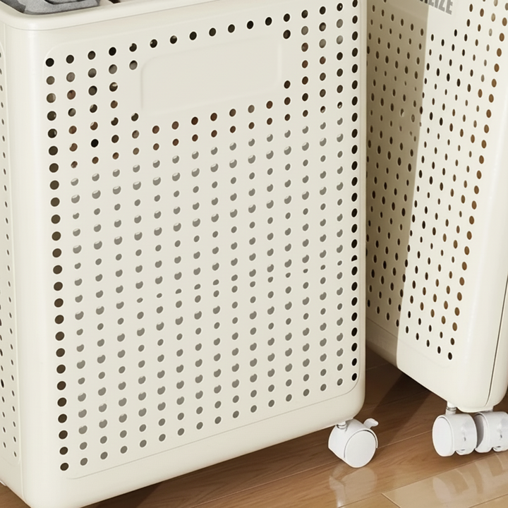 Foldable large capacity laundry hamper with wheels, excellent for space-saving home organization and storage.