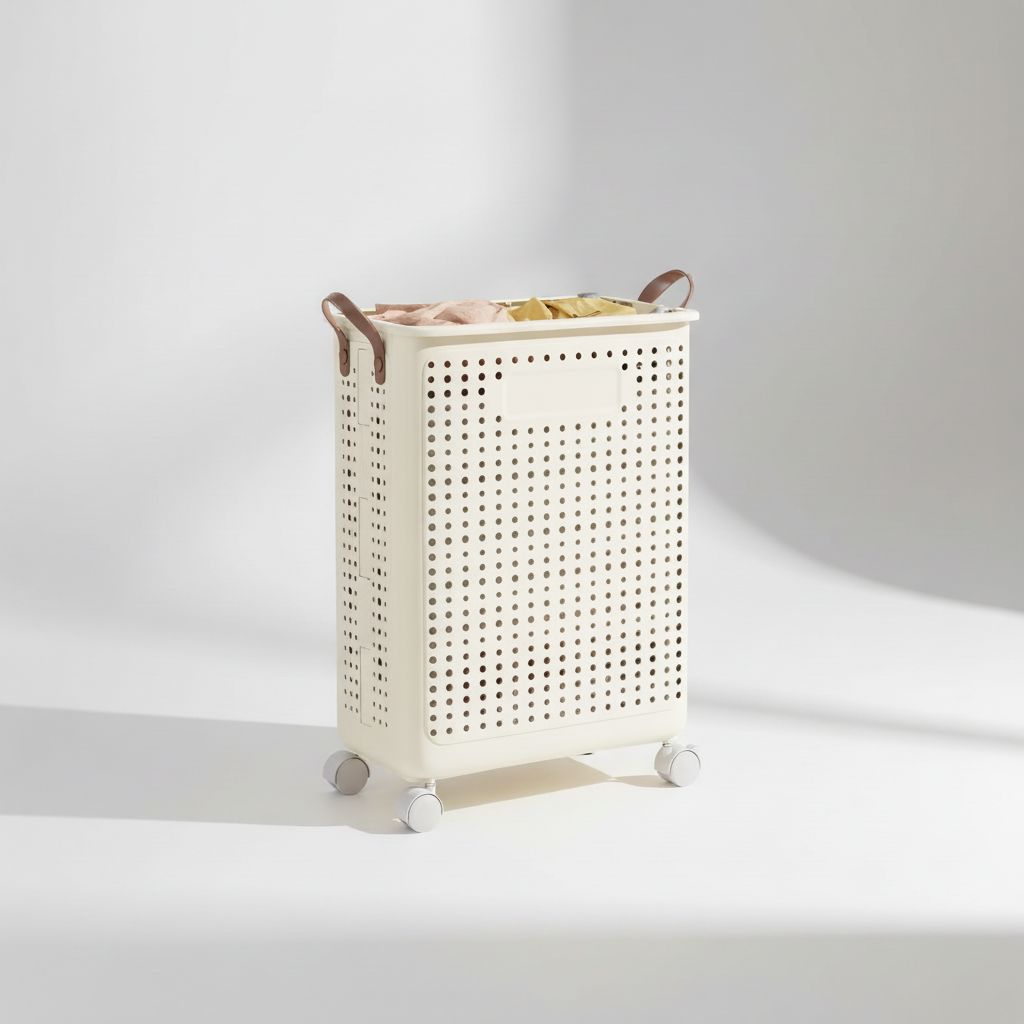 Portable rolling laundry basket in white, designed for easy transport of clothes, ideal for dorm rooms.