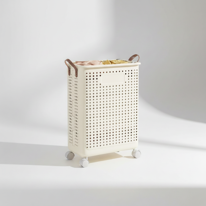 Portable rolling laundry basket in white, designed for easy transport of clothes, ideal for dorm rooms.