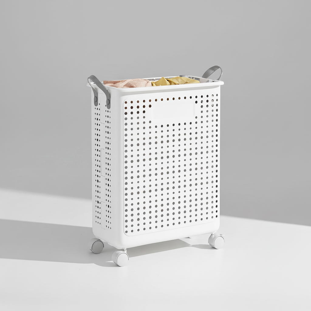 Sturdy white collapsible clothes hamper on wheels, perfect for laundry storage and easy mobility.