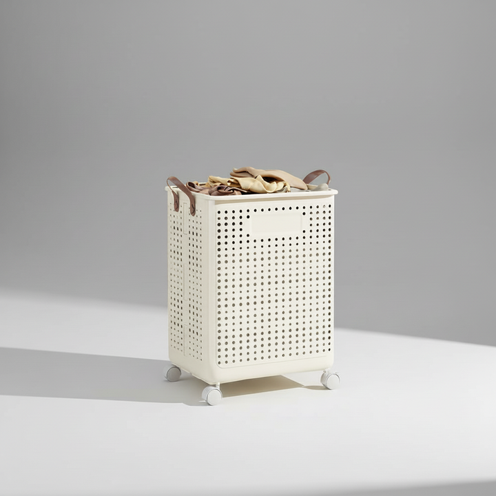 Large capacity wheeled laundry hamper, foldable design for space-saving organization and easy transport.