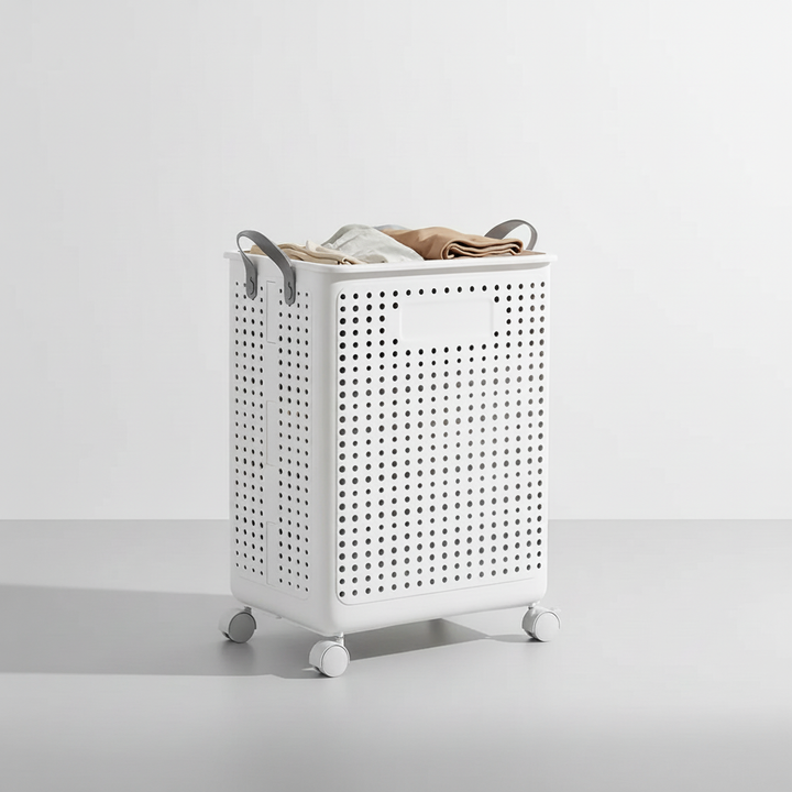 Easy transport laundry basket, collapsible and rolling, suitable for any home organization need.