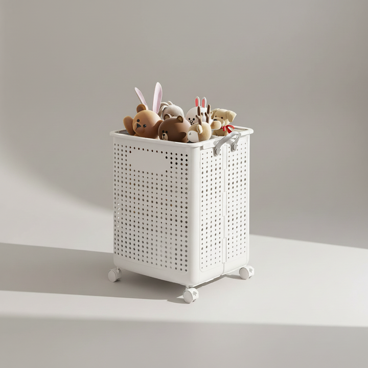 Versatile collapsible rolling laundry hamper, great for bathroom, dorm room, or general clothes storage.