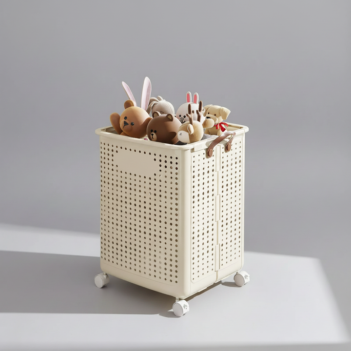 Cream wheeled laundry hamper with large capacity, foldable for space-saving and portable clothes transport.
