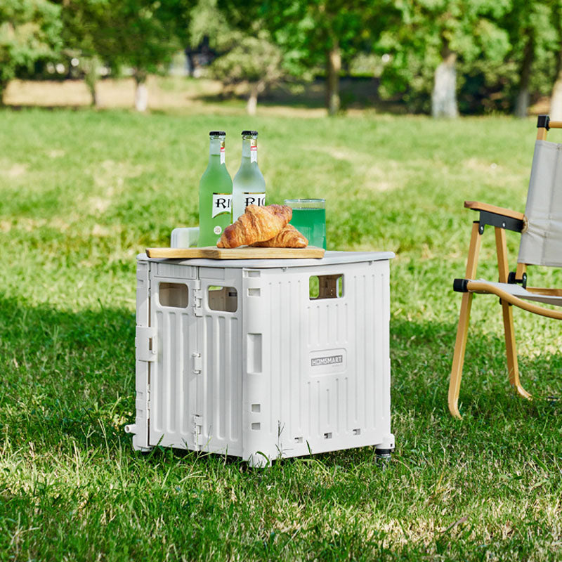 Portable camping storage box, a collapsible cart with smooth-rolling wheels for convenience