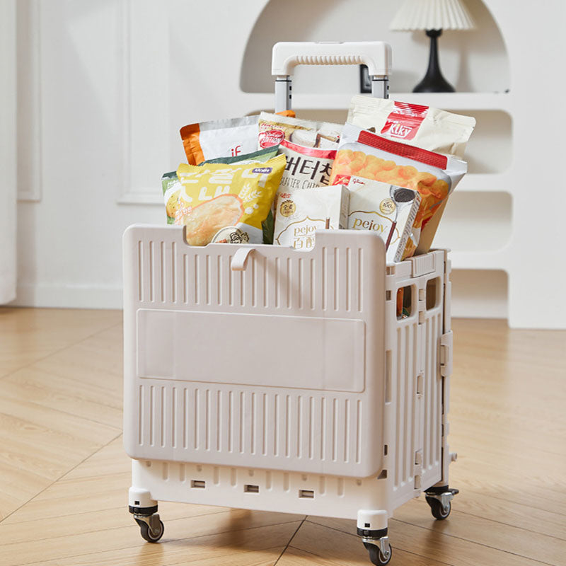 Compact rolling crate with swivel wheels, perfect for groceries, tools, or outdoor adventures