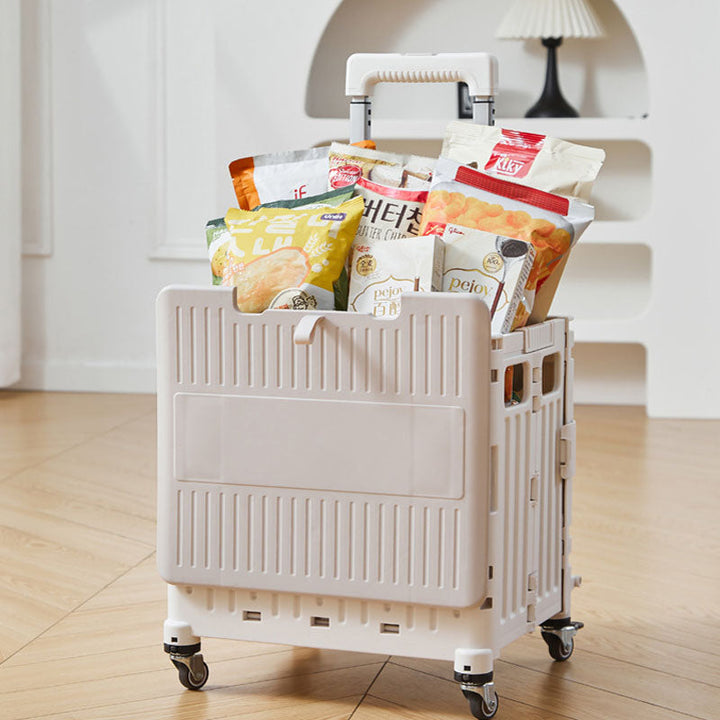 Compact rolling crate with swivel wheels, perfect for groceries, tools, or outdoor adventures