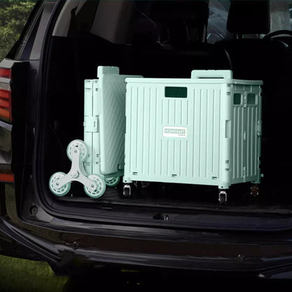 Heavy-duty rolling storage crate, excellent for camping, with robust swivel wheel options