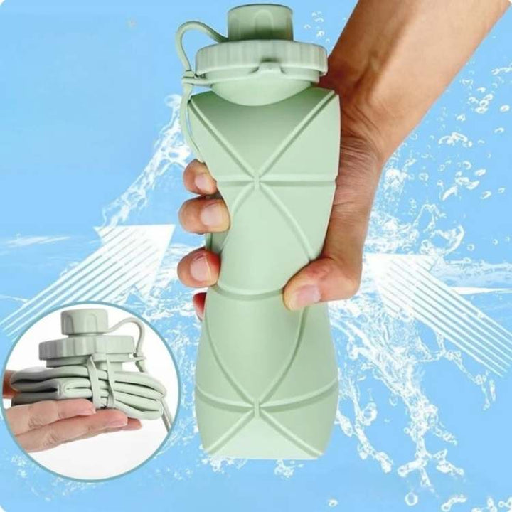 Collapsible silicone sports water bottle in blue, eco-friendly and leak-proof for portable hydration.