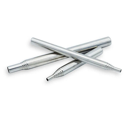 Collapsible stainless steel fire bellowing tool for camping and survival, extends to start fires.