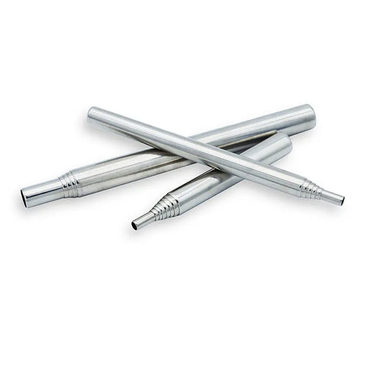 Collapsible stainless steel fire bellowing tool for camping and survival, extends to start fires.