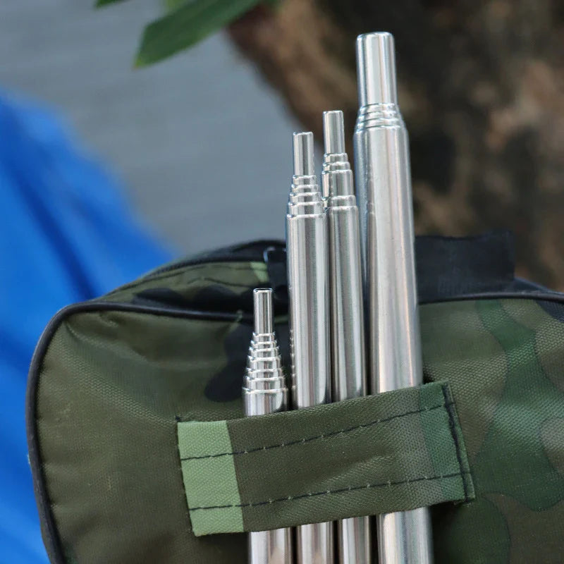 Durable stainless steel fire bellowing tool, collapsible design for easy transport in survival kits.