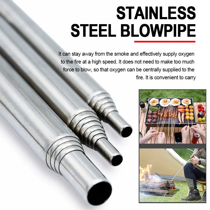 Compact stainless steel blowpipe extended, ideal for camping and outdoor fire starting