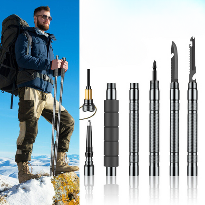Collapsible tactical trekking pole with multi-tool kit for outdoor survival & hiking adventures
