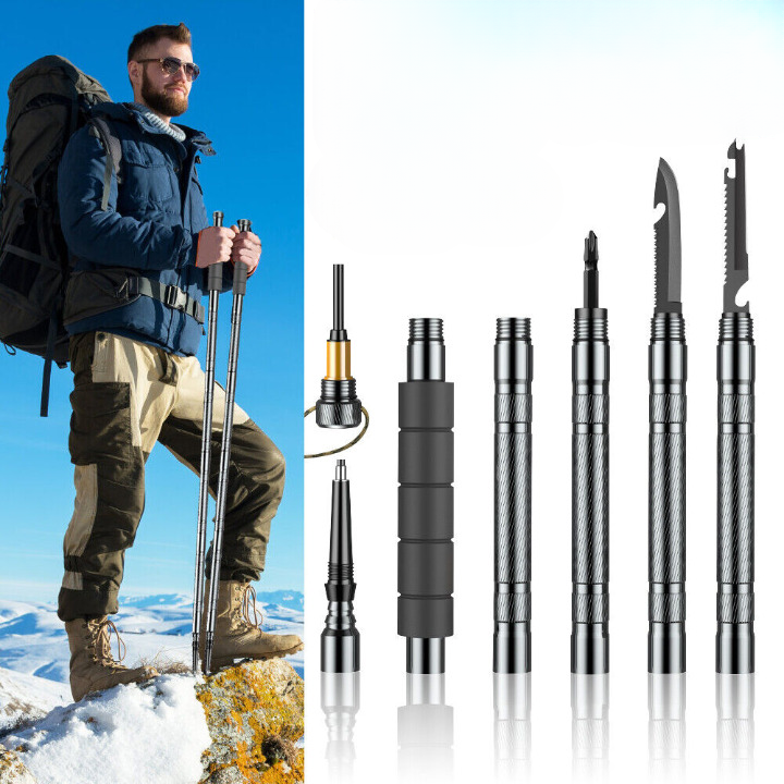 Collapsible tactical trekking pole with multi-tool kit for outdoor survival & hiking adventures