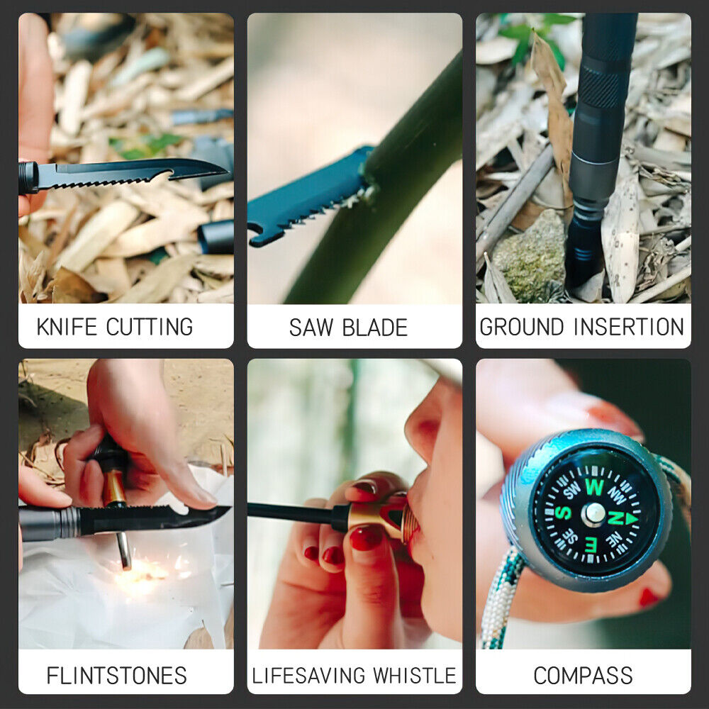 Full-length view of a tactical hiking pole, designed as a self-defense cane & survival kit