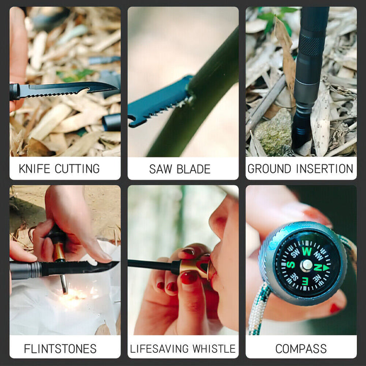 Full-length view of a tactical hiking pole, designed as a self-defense cane & survival kit