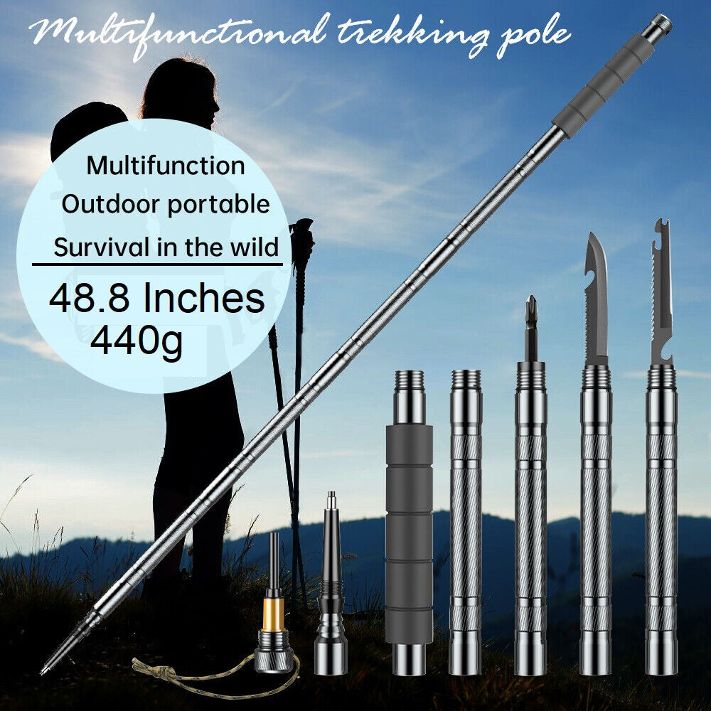 Durable aluminum alloy tactical survival walking stick with integrated multi-tools