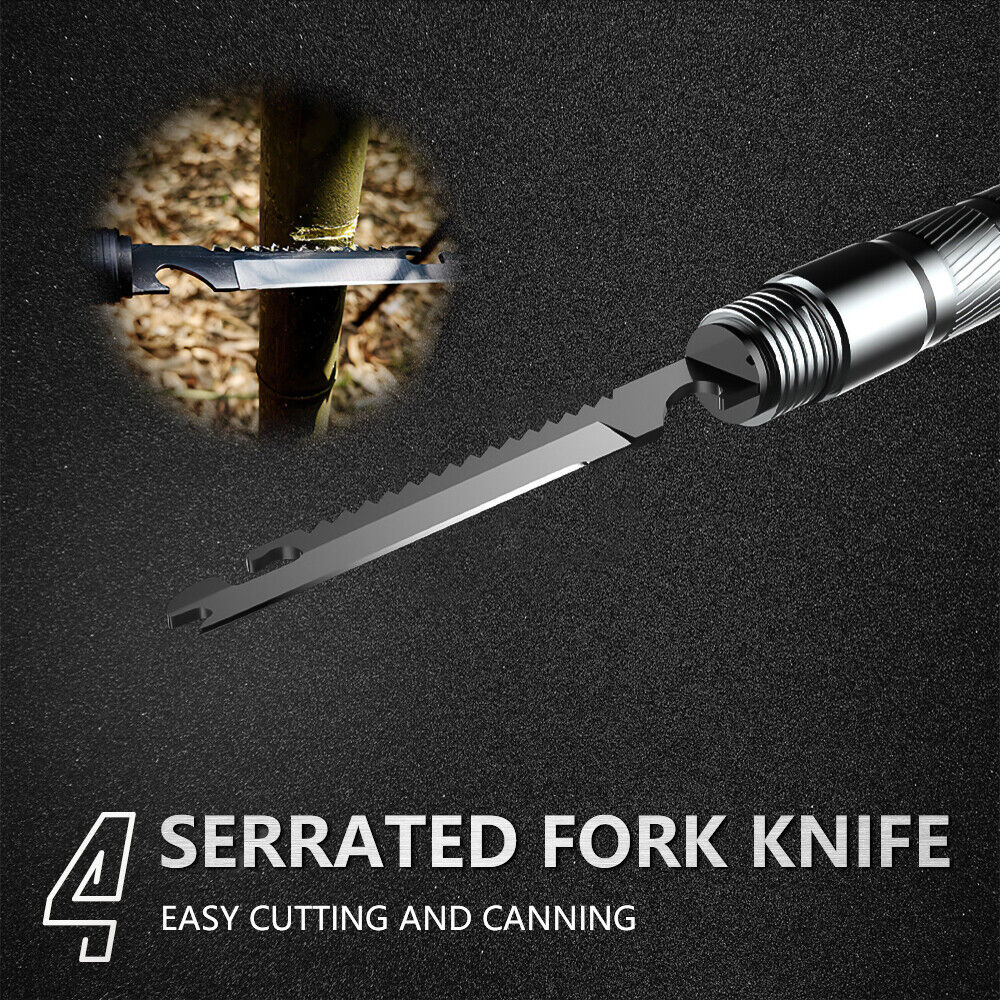Detailed view of the various tools in a tactical survival walking stick's kit
