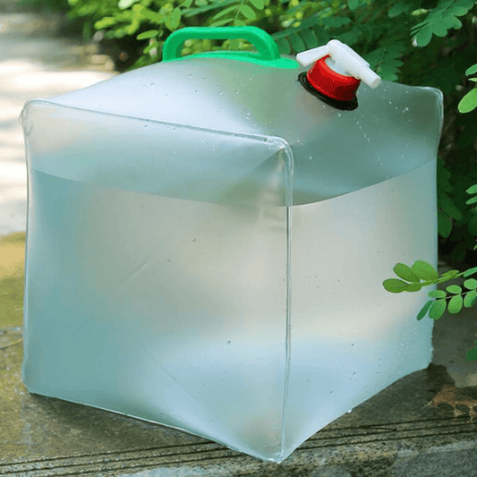 Collapsible water bottle, blue, folded for portable travel; eco-friendly outdoor gear for hiking, camping