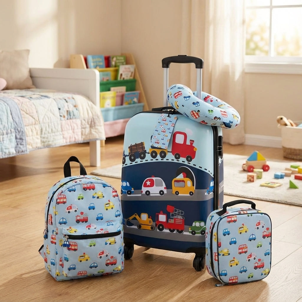 Colorful 5-piece kids travel luggage set with hardshell spinner suitcase, backpack, and neck pillow for young travelers.