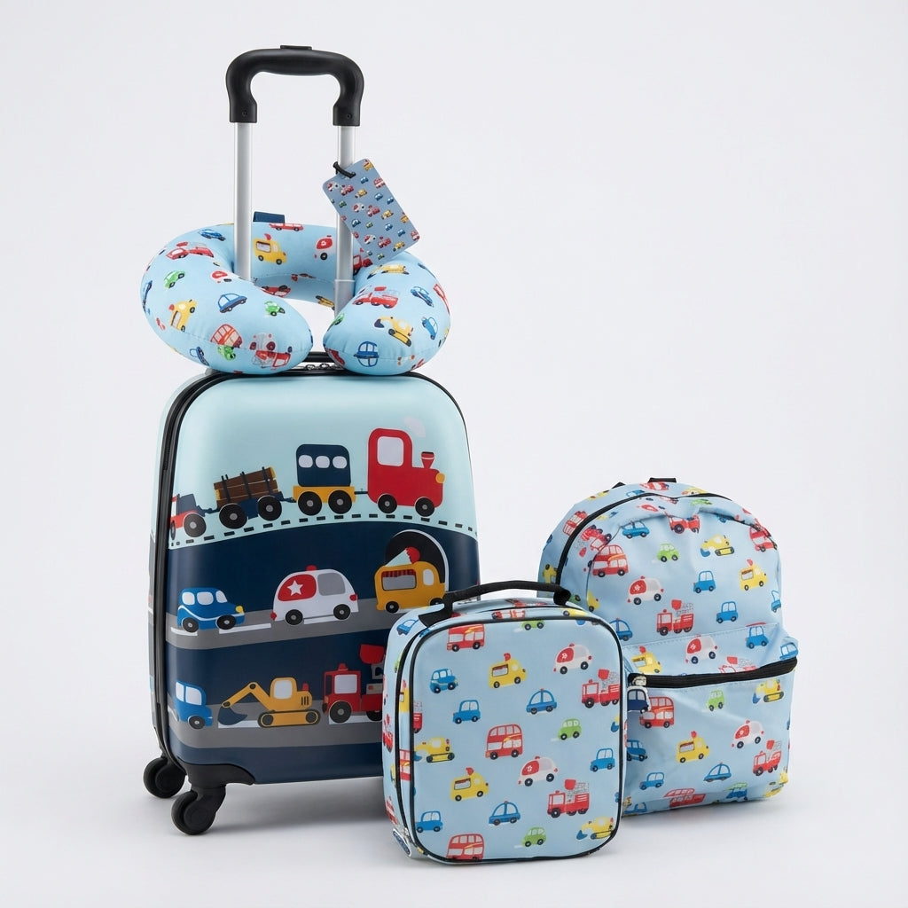 Fun kids' 5-piece travel set for boys & girls, featuring a lightweight spinner suitcase, backpack & travel accessories.
