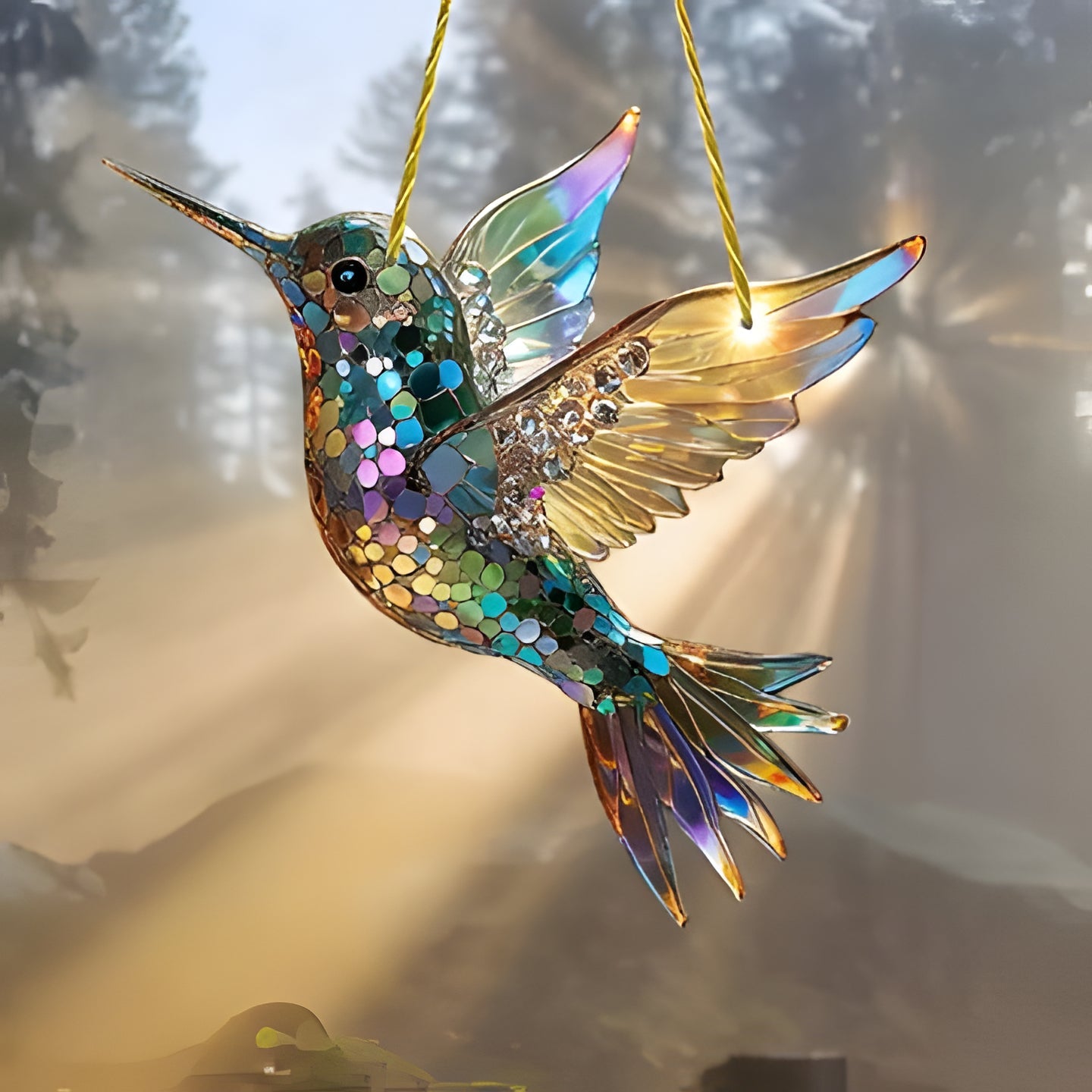 Colorful hummingbird stained glass suncatcher, perfect window hanging decor accent.