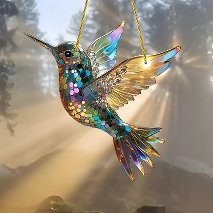 Colorful hummingbird stained glass suncatcher, perfect window hanging decor accent.