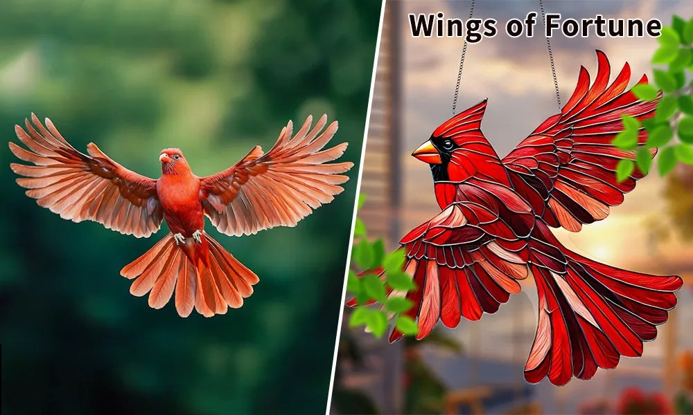 Bright hummingbird & cardinal stained glass suncatcher. Unique window decor, garden ornament & home gift.