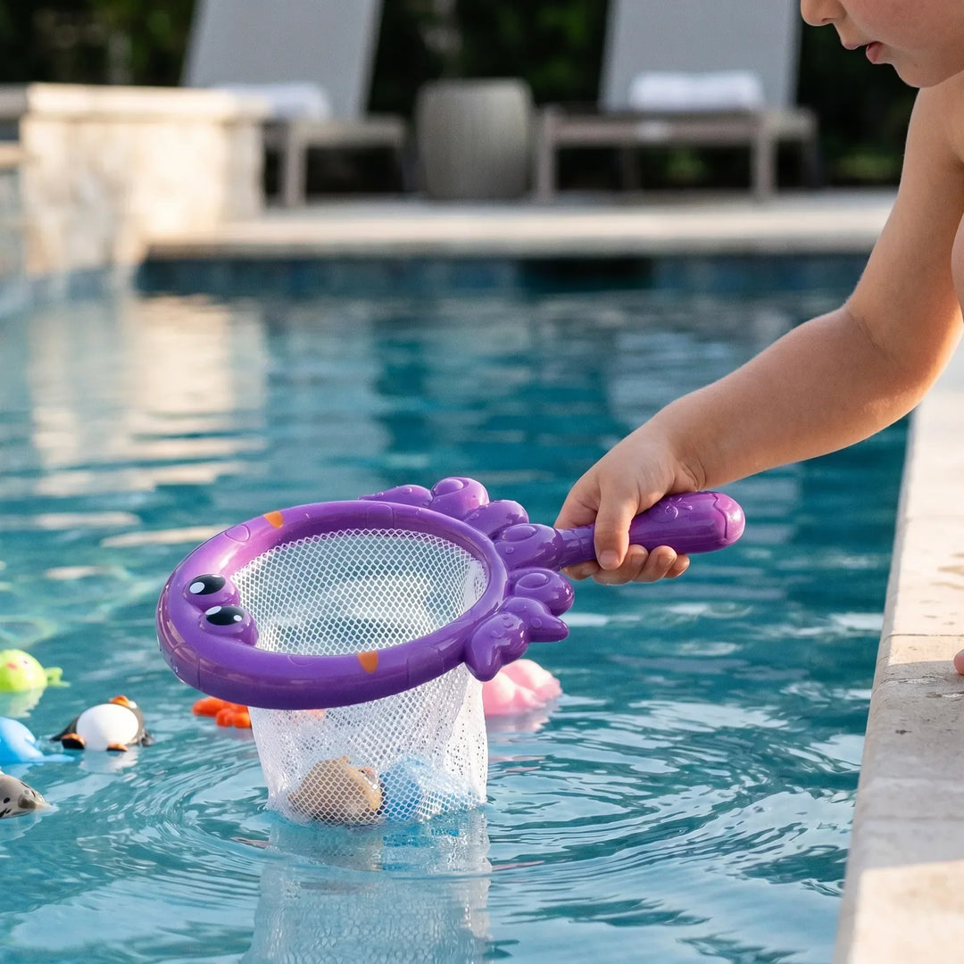 Colorful kids' bath toy set with fishing rod, net, and floating sea creatures for fun toddler water play.