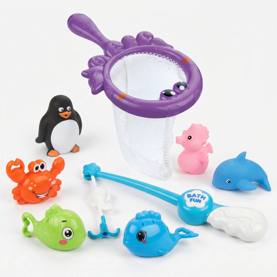 Interactive bath fishing toy set for toddlers, featuring a magnetic rod, net, and adorable floating sea animals.