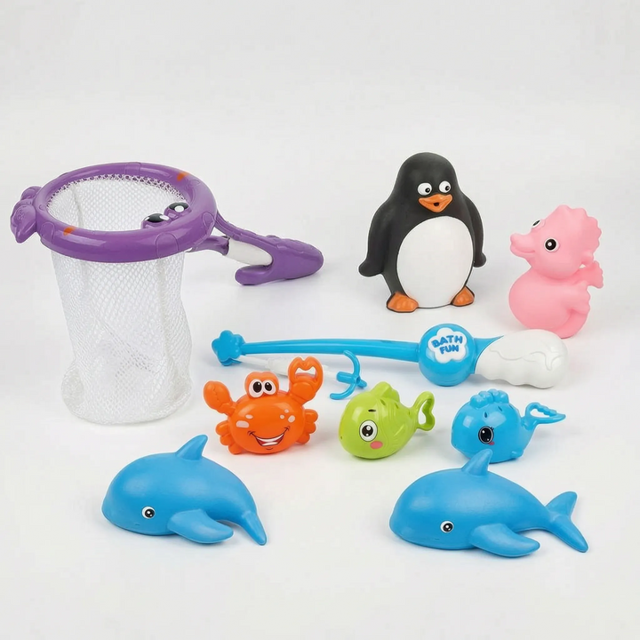 Fun summer bath toy set for children, including a fishing rod, scoop net, and various floating sea creatures.