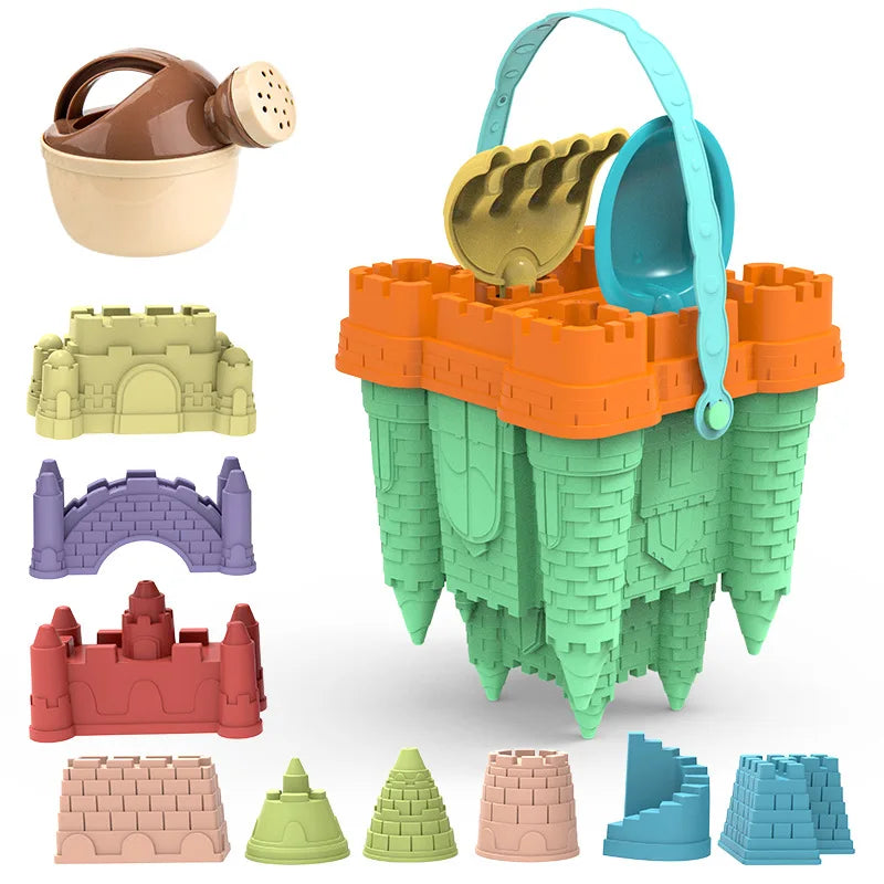 Colorful kids' sandcastle playset with various molds & tools for creative beach fun. Perfect toddler beach toy for summer.
