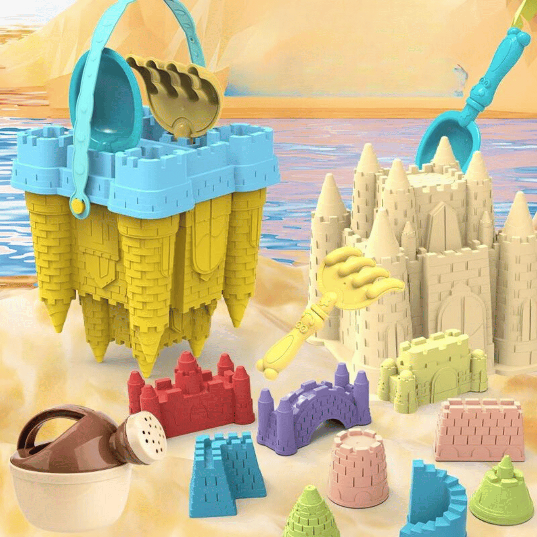 Children's sandcastle building kit, including buckets, shovels & molds. Encourages outdoor imagination play at the beach.