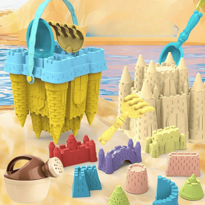 Children's sandcastle building kit, including buckets, shovels & molds. Encourages outdoor imagination play at the beach.