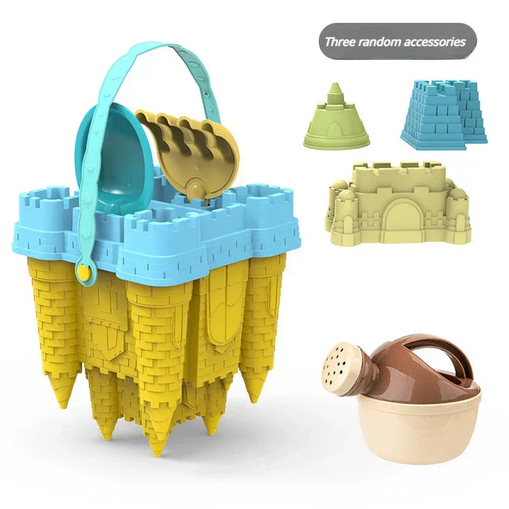 Bright sandcastle playset for kids, complete with various sand molds & tools. Essential beach toy for creative summer play.