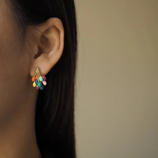 Colorful women's playful balloon cluster stud earrings with vibrant enamel & gold-tone finish. Fashion jewelry.