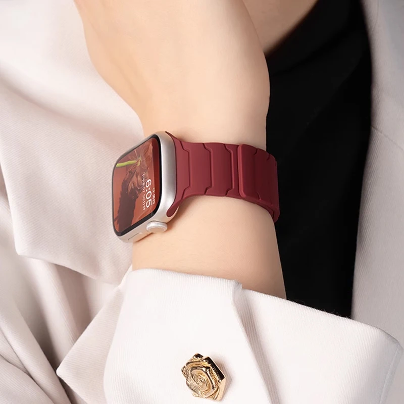 Comfortable silicone smartwatch strap, adjustable with magnetic clasp for secure, all-day wear.